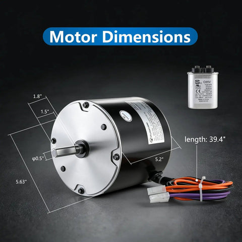 Heavy Duty Replacement Condenser Fan Motor 1/4 Hp At 850 Rpm 208 Through 230 Volt AC Blower displayed with dimensions and connectors.