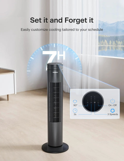 30 Inch Oscillating Tower Fan For Bedroom With Remote Control Quiet 3 Speed Settings ETL Certified Black 7 Hour Timer Keeps You Cool All Night And Day in a living room with 7-hour timer display.
