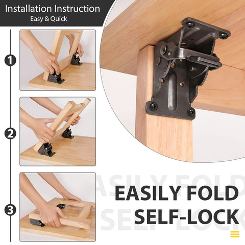 Heavy Duty 4 Pack Folding Brackets With Self Lock Hinges And Screws For Folding Table Legs And Bed Leg Support, black steel bracket installed on wooden table leg