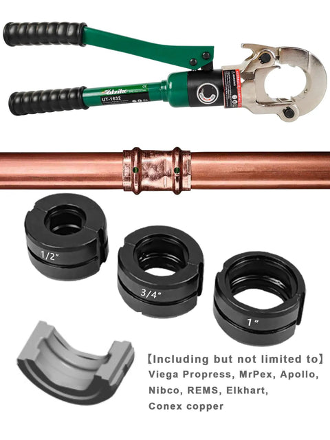 Copper Pipe Fitting Crimping Tool Built Tough Workhorse With 1/2 Inch 3/4 Inch And 1 Inch Jaw Rotatable Head Aluminum Alloy Body Portable Compatible With Viega ProPress Elkhart Conex Fittings tool with copper fittings and jaw attachments.