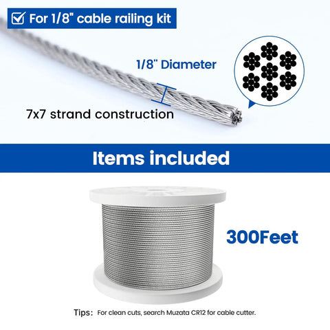 300 Feet One Eighth Inch Stainless Steel Cable Railing Kit With T316 Wire Rope 7x7 Strands, 1800 Pound Beefy Breaking Strength For Indoor Outdoor Coastal Deck Railing System Hardware WR02, showing wire detail and reel.