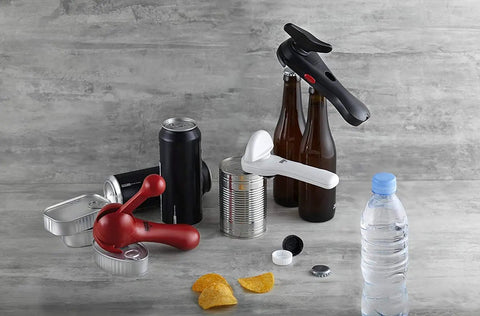 No-Touch Can Opener With Ring-Pull Tool And Auto Safety LidLifter Smooth-Edge Side-Cut Design For Safe Lid Removal Easy-Turn Handle Swiss Engineered Red, black and white can opener set
