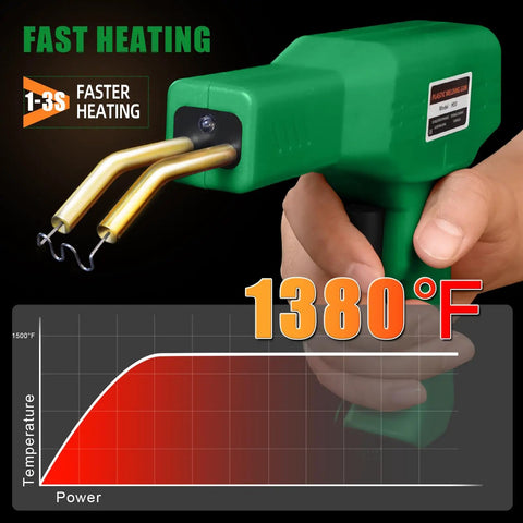 Upgraded Plastic Welder Kit With Rapid Heating, 1000 Staples, Copper Transformer showing 1380°F temperature and fast heating