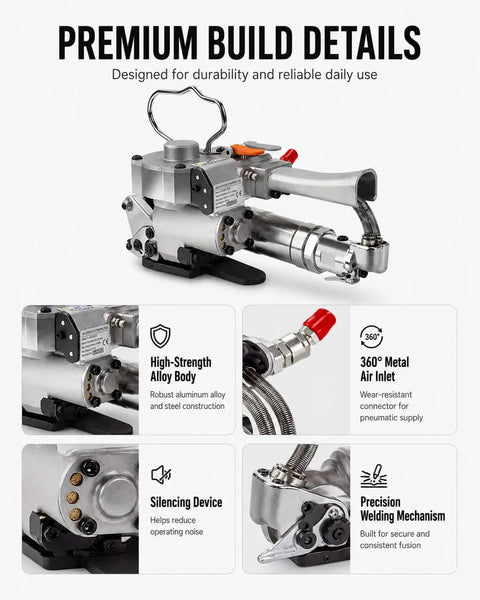 Heavy Duty Pneumatic Strapping Tool With 3500 N Auto Tension Friction Weld And Cut For 13mm To 19 Mm Pp Pet Plastic Bands, showcasing premium build and features.