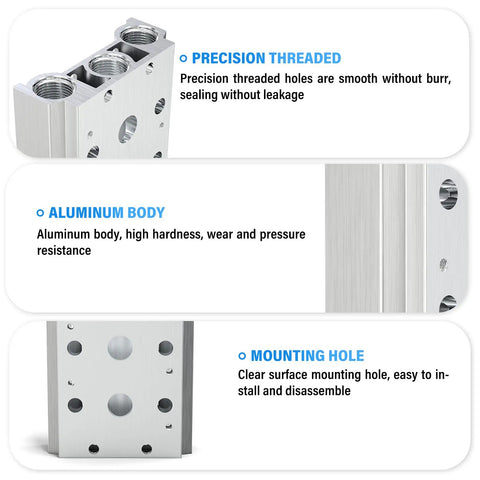 Pneumatic 200M Two Position Manifold Base For 4V210 4V220 4V230 Solenoid Valves One Quarter Inch Aluminum Block with threading and mounting holes.
