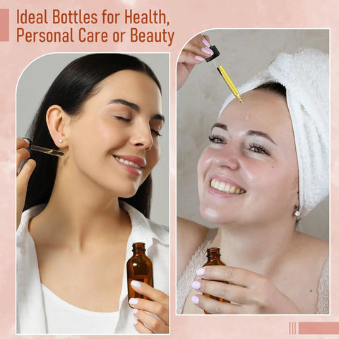 Super Durable 24 Pack 1 Oz Amber Glass Eye Dropper Bottles With Stainless Funnels And Label Sheets used by women for skincare.