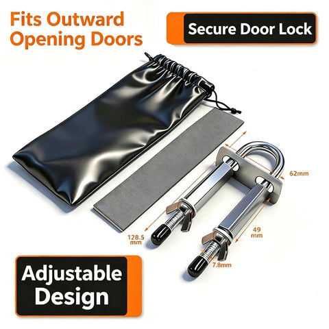 Built Tough Portable Door Lock For Outward Opening Doors Stainless Steel Road Ready Travel Security For Hotels And Vacation Rentals Solid Kickproof Backup Guard with adjustable design and storage pouch.