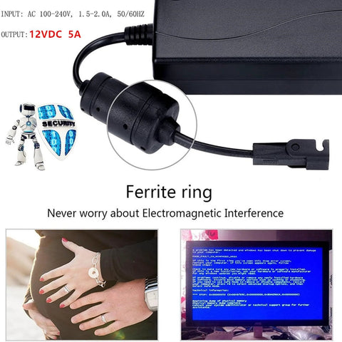 12V 5A DC power supply adapter for WindyNation linear actuator; black AC/DC brick with ferrite ring and extension cable