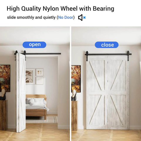 40 Inch Bi Folding Sliding Barn Door Hardware Kit For Two Doors With Smooth Quiet Operation shown installed, open and closed views