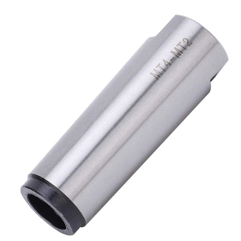 Morse taper drill sleeve MT4-MT2 adapter, silver metal, hollow bore, side view.