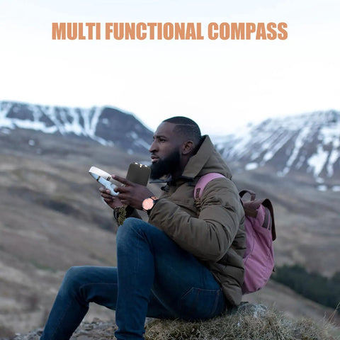 Man using Orienteering Compass For Hiking With Luminous Needle And Mirror All In One Portable Navigation Tool outdoors.