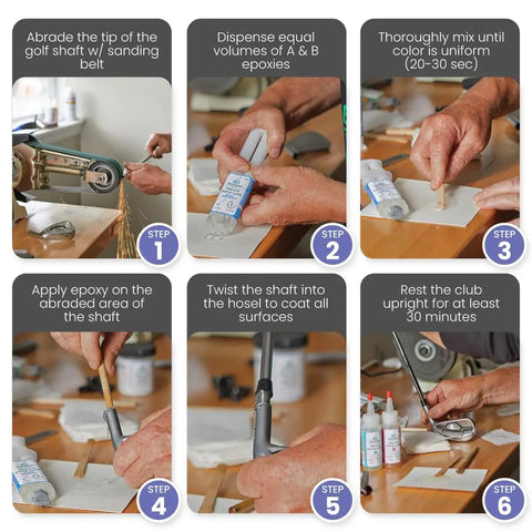 Step-by-step guide for using Straight Up Solid Rapid Cure Golf Club Epoxy Quick Fix Glue for shaft bonding.