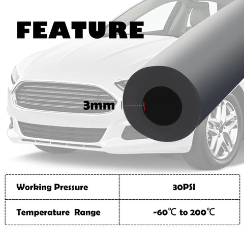 Durable Silicone Vacuum Hose For Automotive Use, Nine Point Eight Four Feet Long, Inner Diameter Five Thirty Two Inch, Outer Diameter Three Eighth Inch, Heavy Duty Universal Vacuum Lines For Car Truck And SUV, Easy Fit For Air And Water Transfer with car background and specifications.