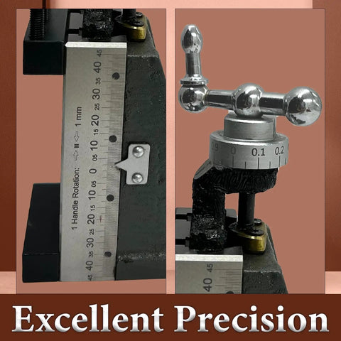 Close-up of Mini Vertical Milling Slide with Base Plate Direct Mount for 7x14 Mini Lathe, showing scale and precision fixture.