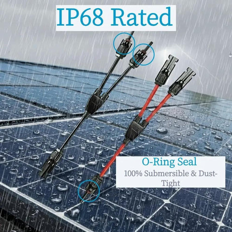 Y Branch Solar Connector Kit For PV Panels In Parallel shown on a wet solar panel with IP68 rating, 30A 1000V, red and black cables.