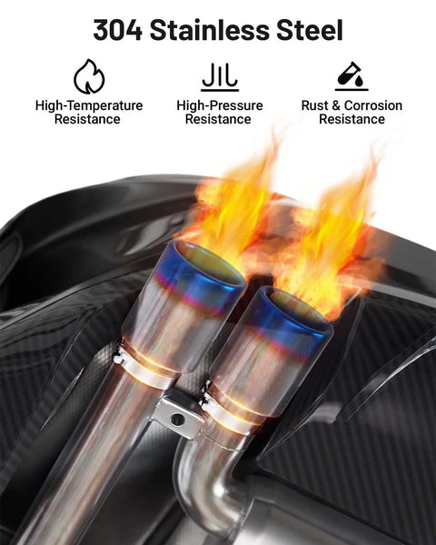 304 stainless steel exhaust pipes with flames demonstrating high-temperature, high-pressure, and rust resistance features.
