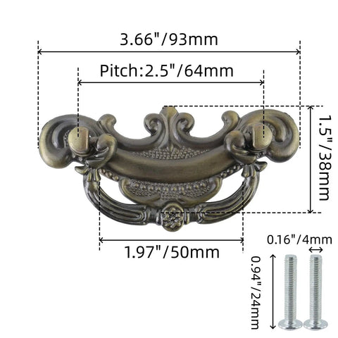 Six Pack Bail Pull Handles For Vanities And Cabinets 3.66 Inch Total Length Zinc Alloy Drawer Pulls with measurements shown