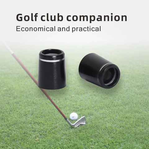 Universal Black Golf Club Ferrules For Iron Shafts, 12 Pack With Single Silver Ring, shown on grass with golf club.
