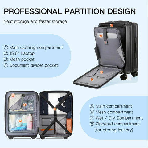 20-inch hard-shell carry-on luggage with spinner wheels and TSA lock; interior compartments shown.