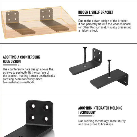 Straight Up Heavy Duty Floating Shelf Brackets 4 Inch Long L Shaped Metal Hidden Wall Mount Supports For Displays And Bookshelves Built Different Stability Clean Black Finish, showing hidden L bracket design.