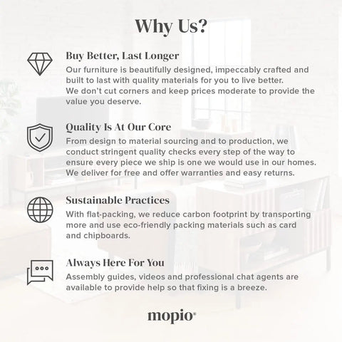 Image highlighting key benefits of Mopio furniture brand, showcasing quality, sustainability and customer support for Lift Top Coffee Table With Hidden Storage, Mid Century Modern Farmhouse Design, Fluted Oak Finish Living Room Centerpiece That Hits Different And Keeps Your Layout Totally Clear.