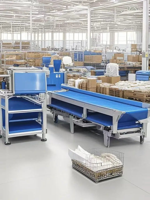 Built Like A Tank Blue PVC Conveyor Belt For Warehouse And Manufacturing Lines featuring durable surfaces in a factory setting.
