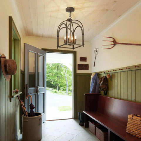 Dope Vintage Lantern Pendant Light Black Metal Cage Farmhouse Chandelier With E26 Socket illuminating an entryway with wooden bench.