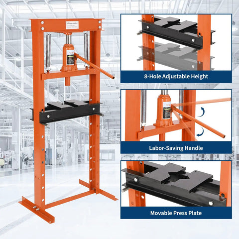 12 Ton Hydraulic Shop Press For Home Garage And Pro Use, H Frame With Adjustable Height And Movable Plates, Orange Finish