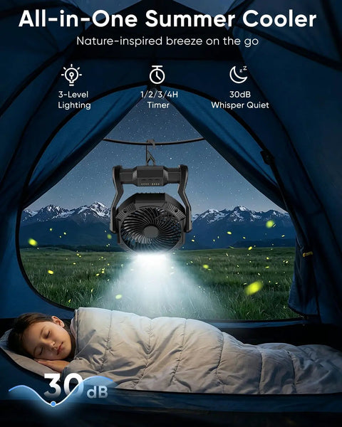Portable Rechargeable Camping Fan With 20000mAh Battery LED light inside tent with sleeping person, outdoor use