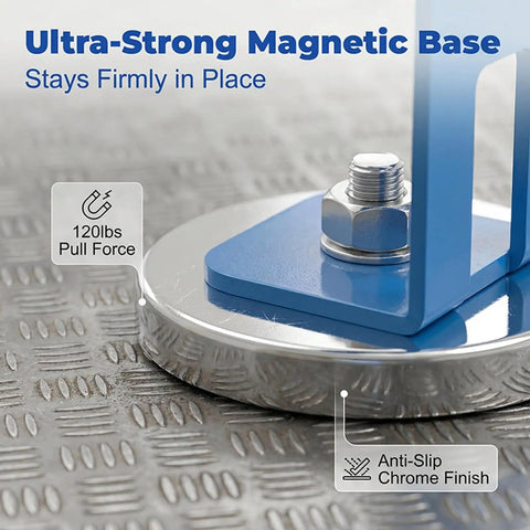 Close-up of Heavy Duty Welding Magnetic Holder With Strong Anti Slip Magnet Base For Secure Mig Torch Stand, showing durable chrome finish and 120lbs pull force.