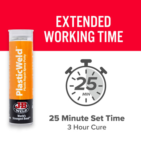 PlasticWeld Two Part Epoxy Putty for Plastic Repair with extended 25-minute set time and 3-hour cure.