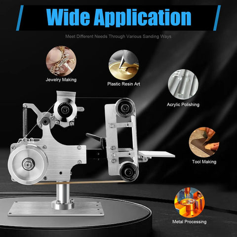 Hardcore Belt Sander 30 Inch Bench Grinder With 550W Brushless Motor And Variable Speed Controller, shown for jewelry making and tool crafting.