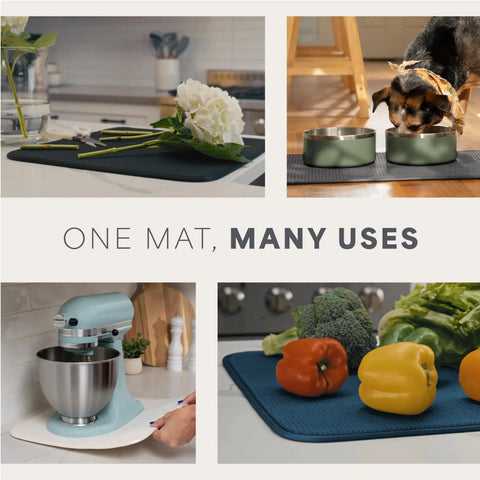 Top Shelf Microfiber Dish Drying Mat Extra Large 18 X 24 Inch Countertop Pad, used for flowers, pet feeding, and food prep.