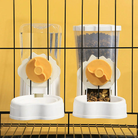 Hassle Free No Sweat Automatic Pet Water Dispenser And Food Feeder Combo mounted on cage, featuring clear containers for water and food.