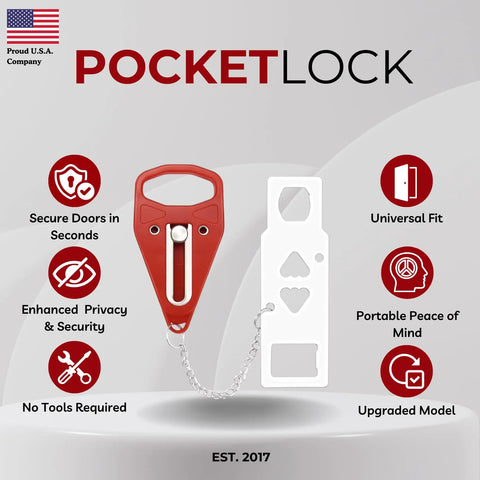 Portable Door Lock And Door Stop Alarm Two Pack Travel Security Bundle For Hotels Dorms And Airbnbs Secure Your Spot Road Ready Gear No Sweat Install And Decibel Alert Built In with red lock and white safety device.