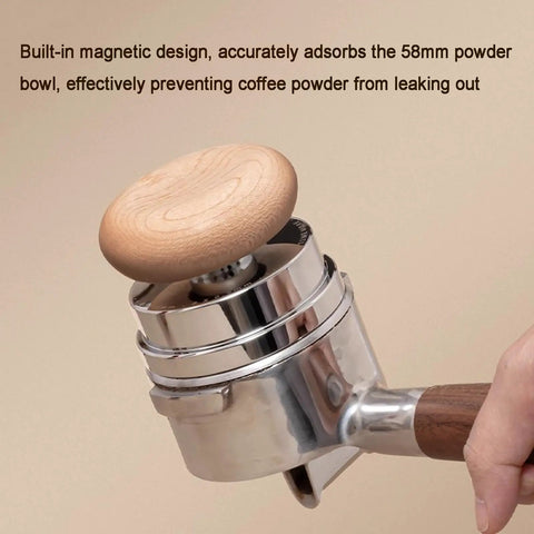 58 Mm Espresso Tamper Kit With Fine Wdt Needle Tool And Gravity Distributor, showing magnetic 58mm bowl design preventing coffee powder leaks.