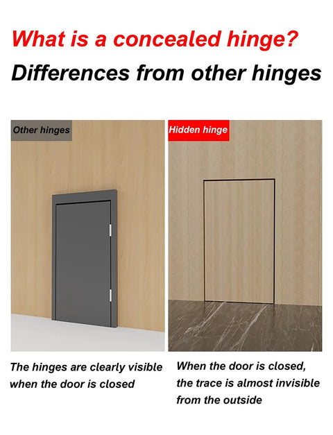 Image comparing traditional hinges with Hidden Door Hinge Set 2Pcs Invisible Cross Hinges For Kitchen Cabinet Doors 180 Degree Opening Zinc Alloy Concealed Cabinet Hinges Silent Smooth Rotation With Durable Bearing Link Color 2 And 5. Traditional hinges are visible; hidden hinge is concealed.