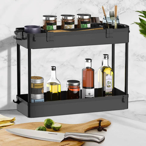 Space Saving Slim Storage Cart With 3 Tier Rolling Utility Smart Organizer Fits Tight Spots In Narrow Gaps In Bathroom Kitchen Laundry Or Office Black, holding jars and bottles on a countertop.