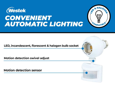 Outdoor Motion Activated Light Control Socket Two Pack, Auto On When Motion Is Detected, Auto Off After 10 Minutes, Works With LED CFL Halogen Incandescent Up To 150W, Weatherproof Plug In Sensor Lights. White motion sensor socket
