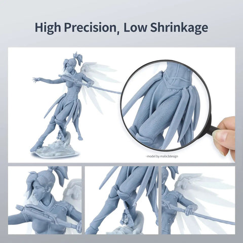 Close-up of intricate details in a gray 3D printed figure using No Cap Tough Resin For 3D Printers Fast Cure At 365Nm For Lcd Dlp Sla Machines Grey 1Kg Jug.