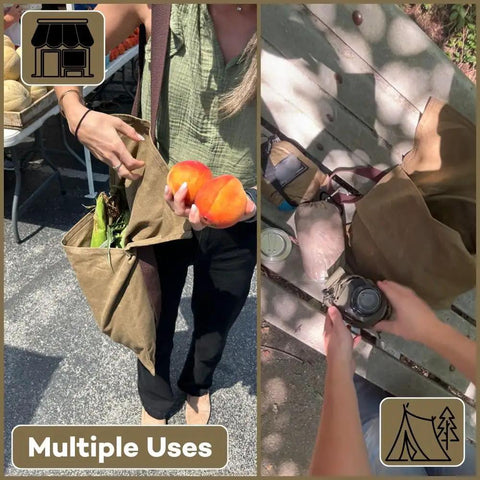 Waxed Canvas Haversack Outdoor Bushcraft Shoulder Bag And Messenger Satchel Water Resistant Built To Last Utility Pack For Gardening And Foraging Large 17 By 15 Inches Dark Khaki in use for carrying produce and tools