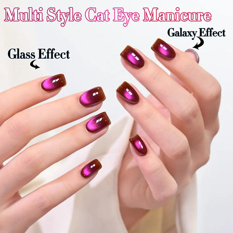 Manicure featuring Cat Eye Gel Nail Polish With Magnetic Effect, Holographic Glitter Shine, 15ml Jelly Glass Formula, Cherry Burgundy