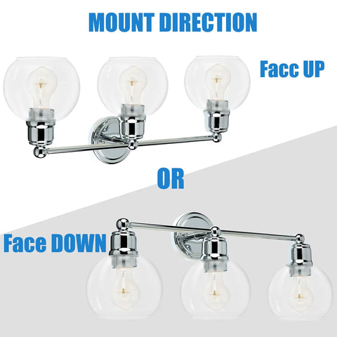 Three Light Chrome Vanity Light Fixture For Bathroom Powder Room Wall Sconce With Globe Glass Shades Modern Farmhouse Style Fits Single Or Double Vanities E26 Base Bulbs Not Included showing mount direction options