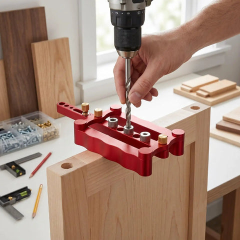 Adjustable Self Centering Doweling Jig Kit For Dead On Furniture Assembly And Heavy Duty DIY Woodworking Projects With Pro Shop Grade Clamp Drill Guide in use with drill.