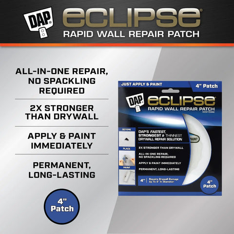 Eclipse Rapid Wall Repair Patch 4 Inch All In One Drywall Fix No Spackling No Sanding No Tools Permanent Adhesion For Medium Wall Repairs Holes Cracks Dings And Scratches In Home Walls packaging