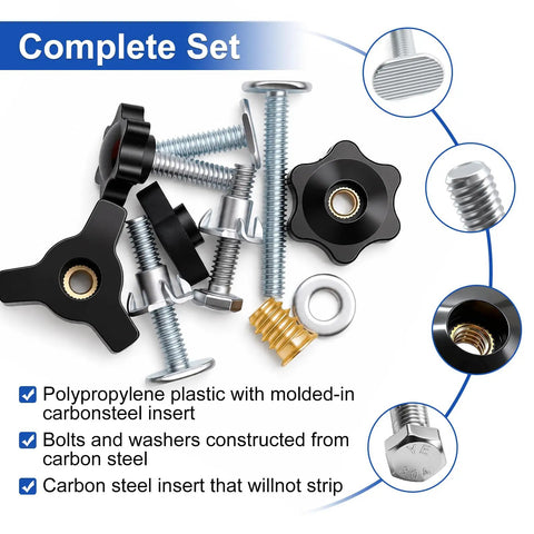 80 Piece T Track Knob And Bolt Kit For Woodworking Jigs And Fixtures With 5/16-18 Knobs T Bolts Star Knobs T Nuts Threaded Inserts Stud Knobs Hex Bolts And Flat Washers, black knobs and steel bolts