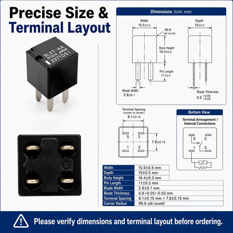 Ford Oil Pump Starting Relay 12V DC 20A, 4 Pins, Replacement Pack of 2 for 5L3T-AA, Compatible With Ford Vehicles, High Quality Automotive Relay for Reliable Engine Start and Long Lasting Performance. black 4-pin relay with dimension and terminal layout diagram