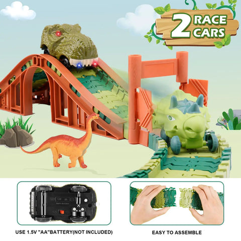 Dinosaur Track Toy Set With Light And Sound Race Track For Kids Ages 3 4 5 6 7 Boys And Girls, green and orange bridge with cars.