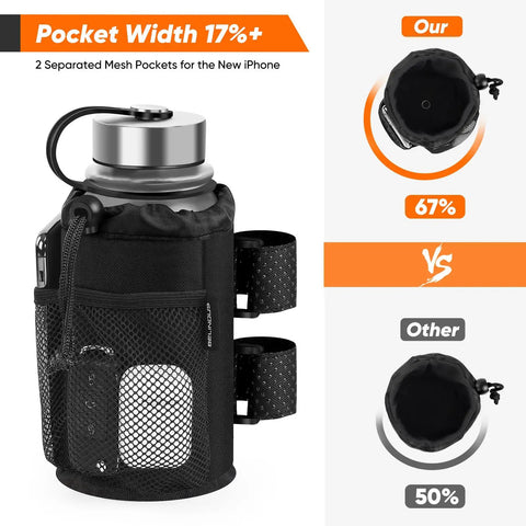 Universal Cup Holder For 8 To 32 Oz Bottles With Net Pockets And Hook And Loop Straps showing pocket size comparison