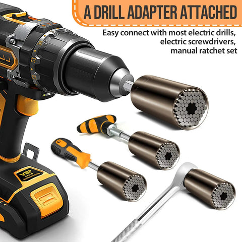 Ultimate Universal Socket Set With Power Drill Adapter Gift For Men Who Have Everything, shown with various socket tools attached.